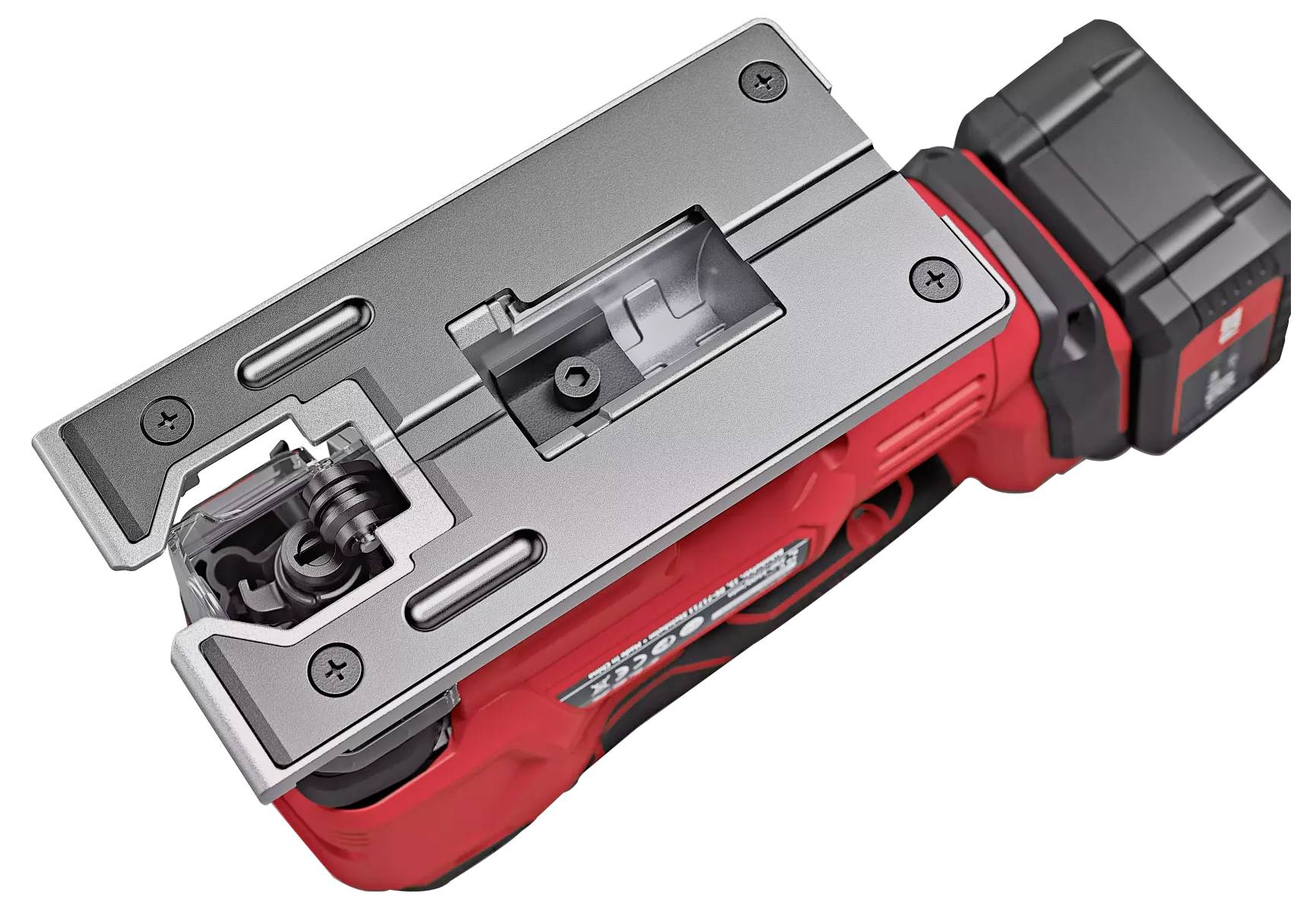 Czerwone, elektryczne narzędzie z metalowymi elementami, przeznaczone do profesjonalnego użytku, leży na białej powierzchni.