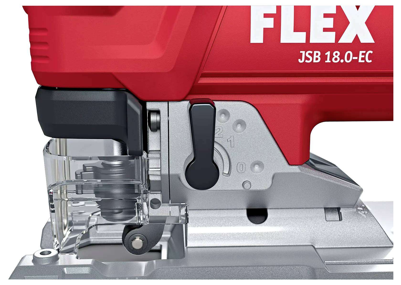 Czerwona wyrzynarka z metalową podstawą i czarną rękojeścią, oznaczona napisem 'JSB 18.0-EC'.