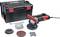 Zestaw szlifierki kątowej składający się z czerwonej i czarnej szlifierki kątowej, akcesoriów oraz czarnego pudełka do przechowywania.