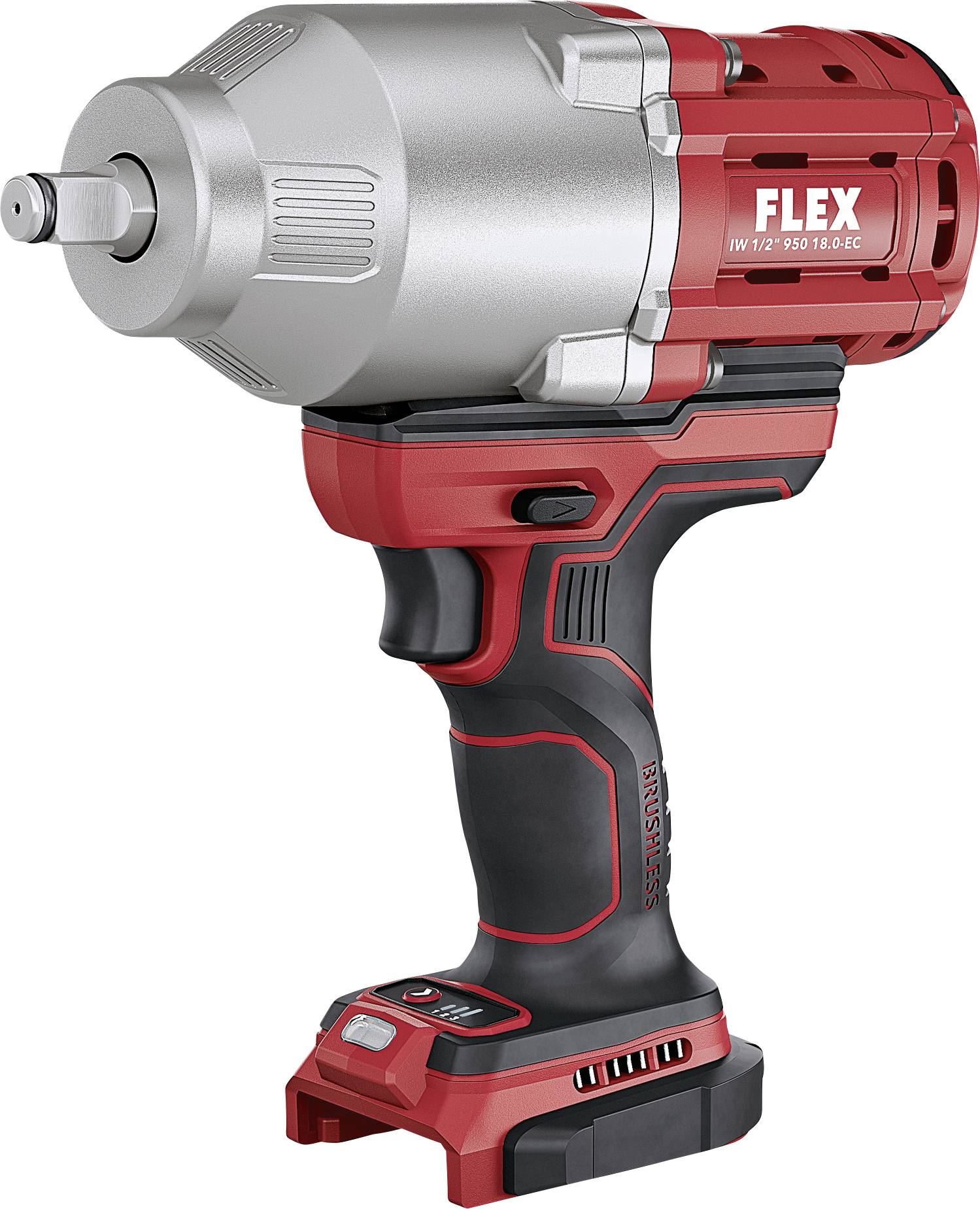 Akumulatorowy wkrętak udarowy w kolorach czerwonym i srebrnym marki Flex, model 18.0-EC, przeznaczony do profesjonalnego użytku. Przedstawia uchwyt i obudowę silnika.