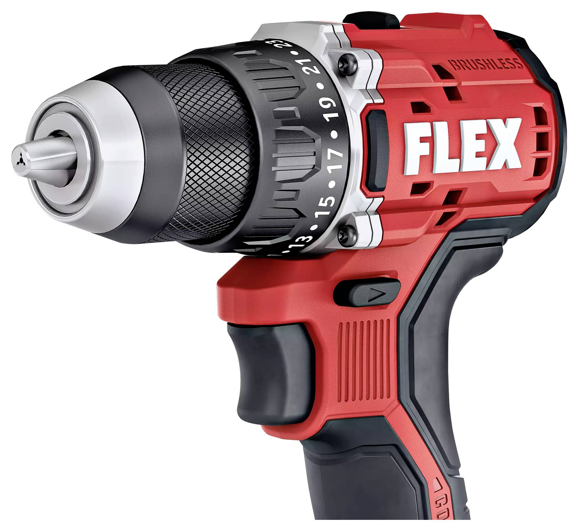 Czerwono-czarny akumulatorowy wkrętak z szarym uchwytem wiertarskim i regulatorem prędkości, oznaczony logo 'FLEX' na górnej części obudowy.
