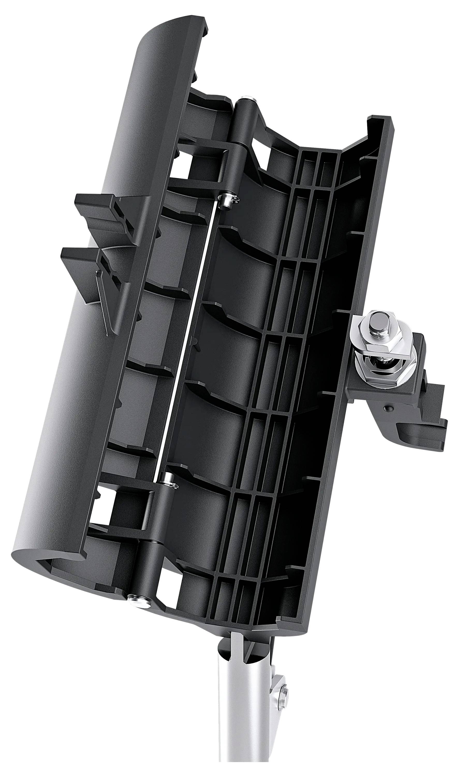 Czarna obejma z śrubą i zaciskiem do mocowania na rurze lub maszcie, przedstawiona w widoku bocznym.