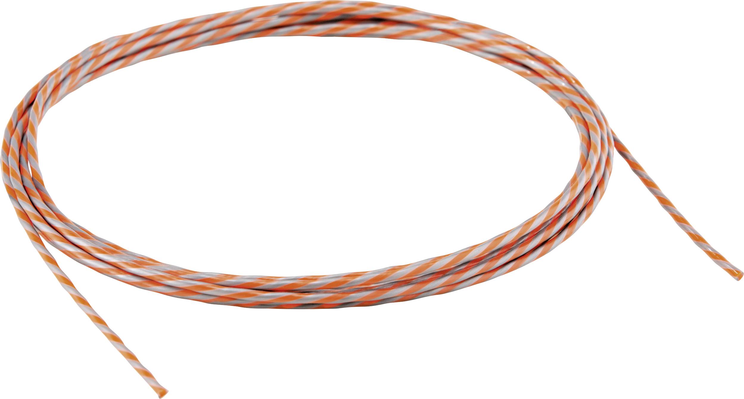 Przedłużony kawałek skręcanego kabla w kolorach czerwonym i białym, zwinięty w kształcie koła.