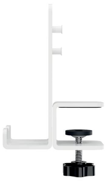 Widok z boku białego mocowania do stołu, z regulowanym mechanizmem śrubowym do mocowania na krawędzi blatu, funkcjonalny design.
