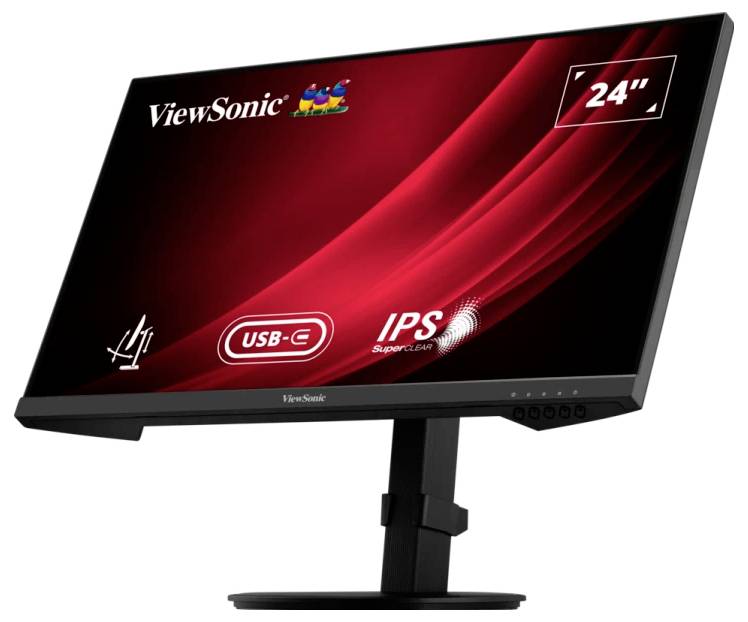 Czarny monitor ViewSonic z ekranem 24-calowym. Obsługuje złącze USB-C i wykorzystuje technologię IPS. Logo marki w lewym górnym rogu.