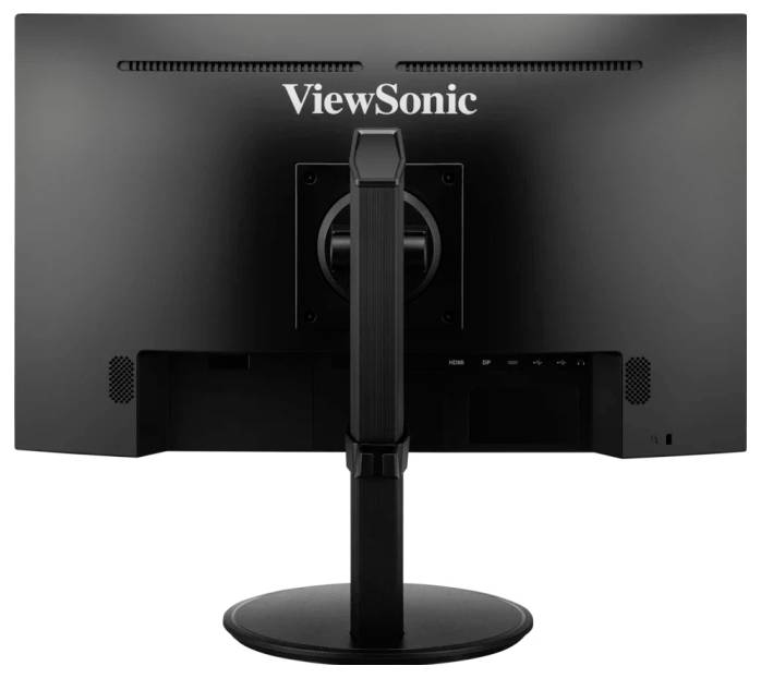 Monitor widziany od tyłu z obrotowym stojakiem, logo marki 'ViewSonic' u góry.