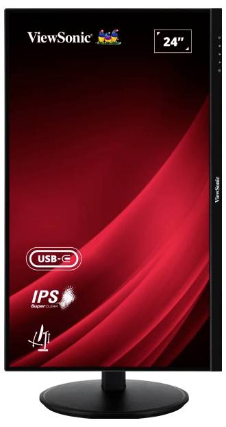 24-calowy monitor ViewSonic z złączem USB-C, ekranem IPS i ergonomiczną budową na czerwonym tle.