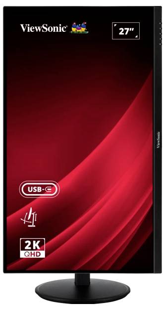 Czarny monitor ViewSonic z czerwonym ekranem, wyświetlający symbole USB-C, 2K QHD oraz rozmiar 27 cali.