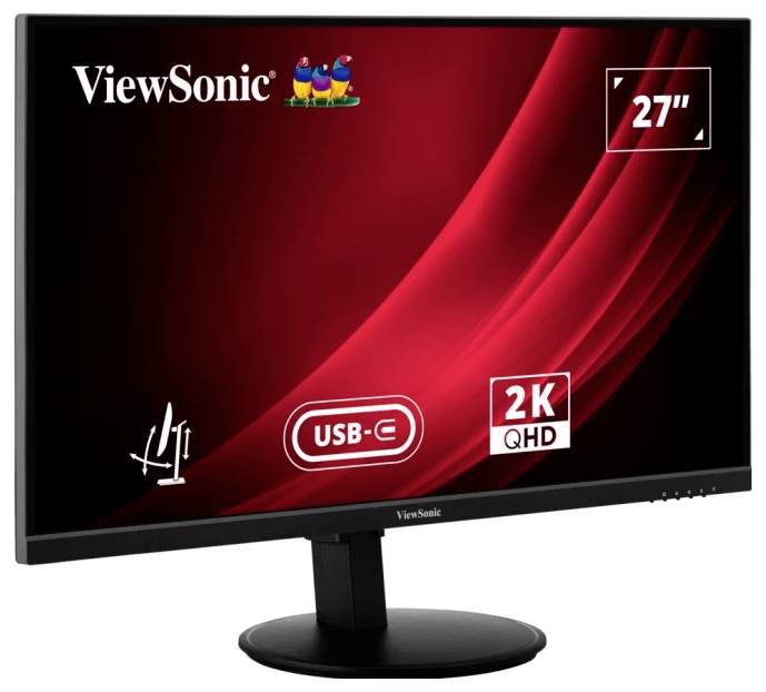 Czarny monitor ViewSonic o przekątnej 27 cali i rozdzielczości 2K QHD. Wyposażony w złącze USB-C i bezkrawędziową konstrukcję.