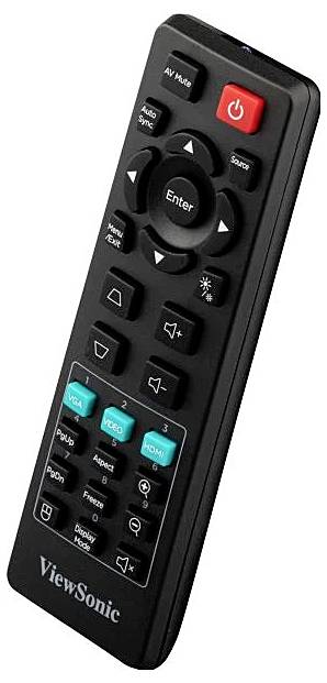 Czarna pilot ViewSonic z różnymi przyciskami, w tym numerycznymi, strzałkami, regulacją głośności oraz wyborem źródeł sygnału, takimi jak HDMI i VGA.