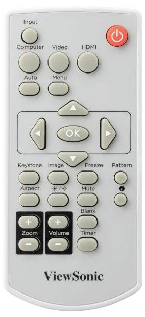 Szara pilot zdalnego sterowania z czerwonymi, zielonymi i czarnymi przyciskami; logo 'ViewSonic' na dole. Przyciski do menu, głośności, zoomu i innych funkcji.