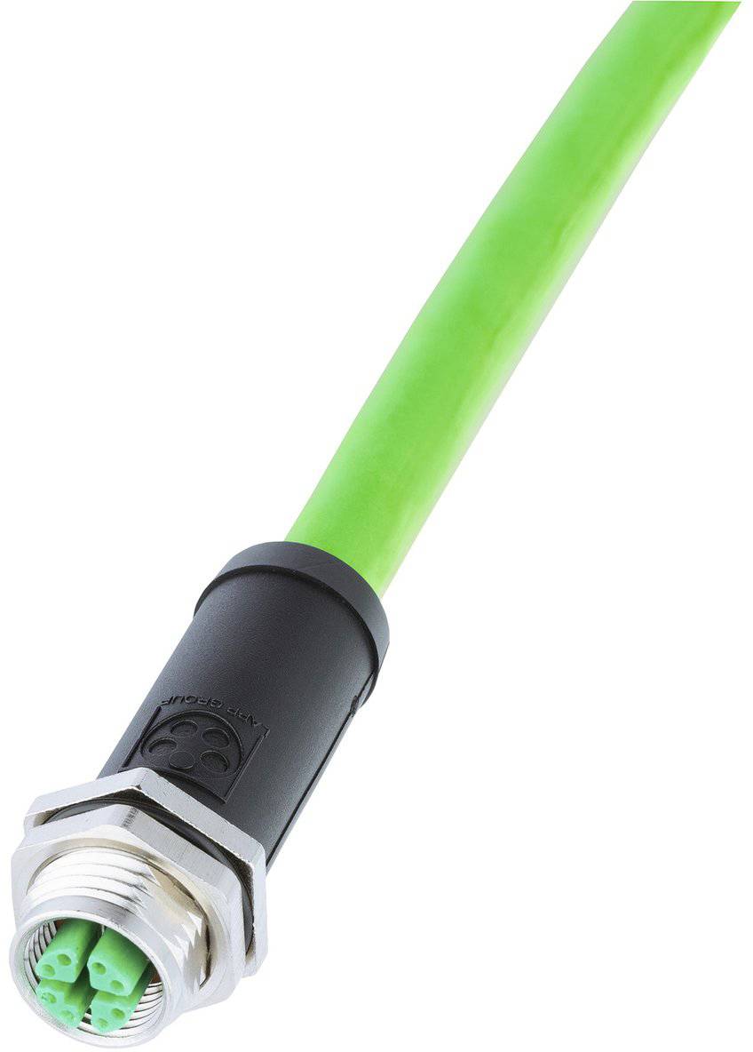 Zielony kabel zakończony złączem, przeznaczony do zastosowań przemysłowych oraz transmisji danych w sieciach.