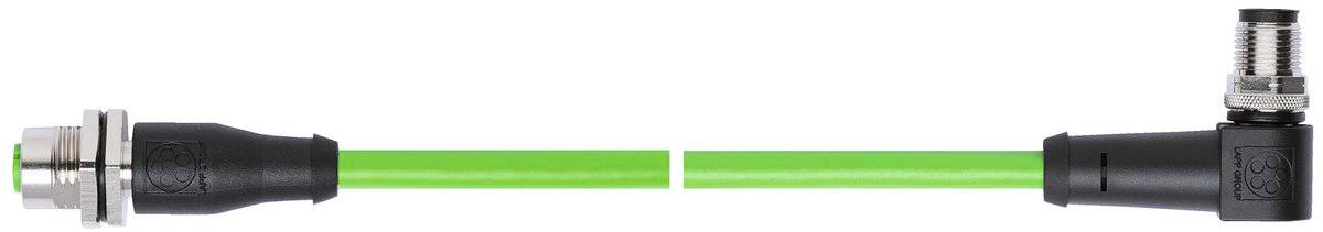 Zielony kabel połączeniowy z czarnymi wtyczkami na obu końcach. Po lewej stronie wtyczka prosta, po prawej stronie wtyczka kątowa.