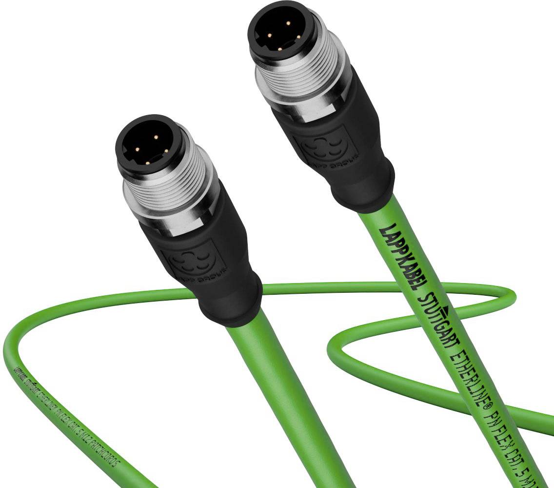Dwa zielone kable Ethernet z metalowymi wtykami, jeden z nich wskazuje na stuttgarckie pochodzenie i oznaczenie 'Etherline'.