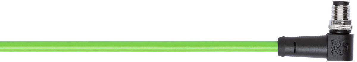 Zielony przewód z czarnym i srebrnym złączem na końcu, przedstawiający element łączący systemu elektrycznego.