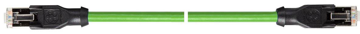 Zielona skrętka sieciowa z czarnymi wtykami na obu końcach na białym tle.