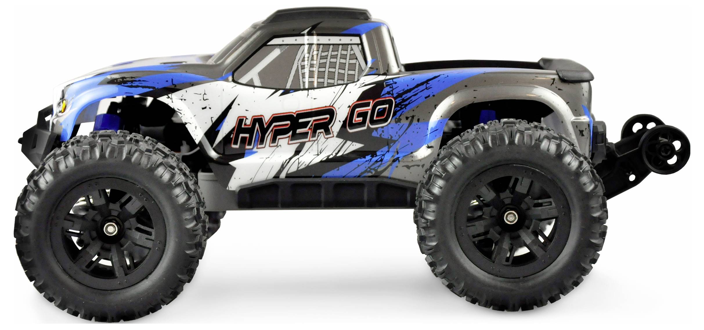 Niebieski zdalnie sterowany samochód terenowy z napisem 'HYPER GO' na boku, sfotografowany na białym tle.