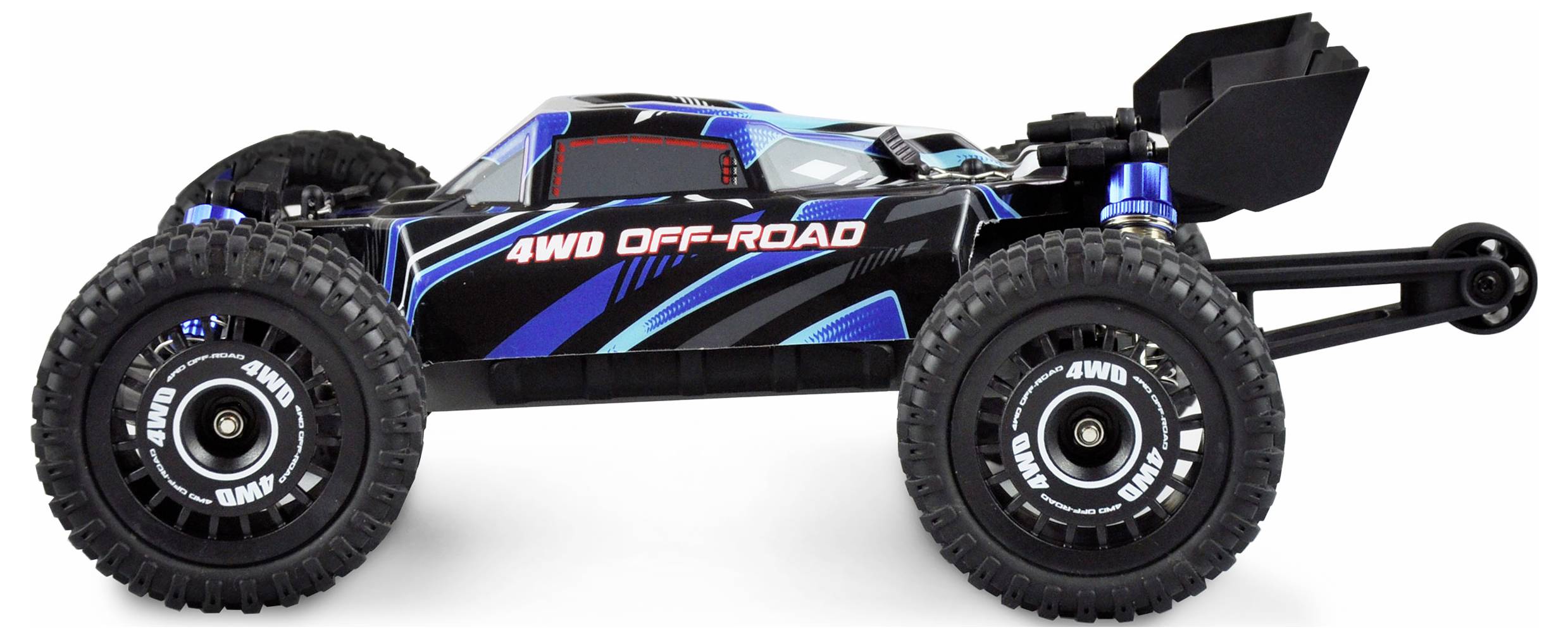 Zabawkowy samochód terenowy z dużymi oponami i napisem '4WD OFF-ROAD' na nadwoziu, widziany z boku.