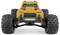 Zabawkowy samochód w jaskrawożółtym kolorze, w designie 4WD z grubym bieżnikiem opon, ujęcie od przodu.