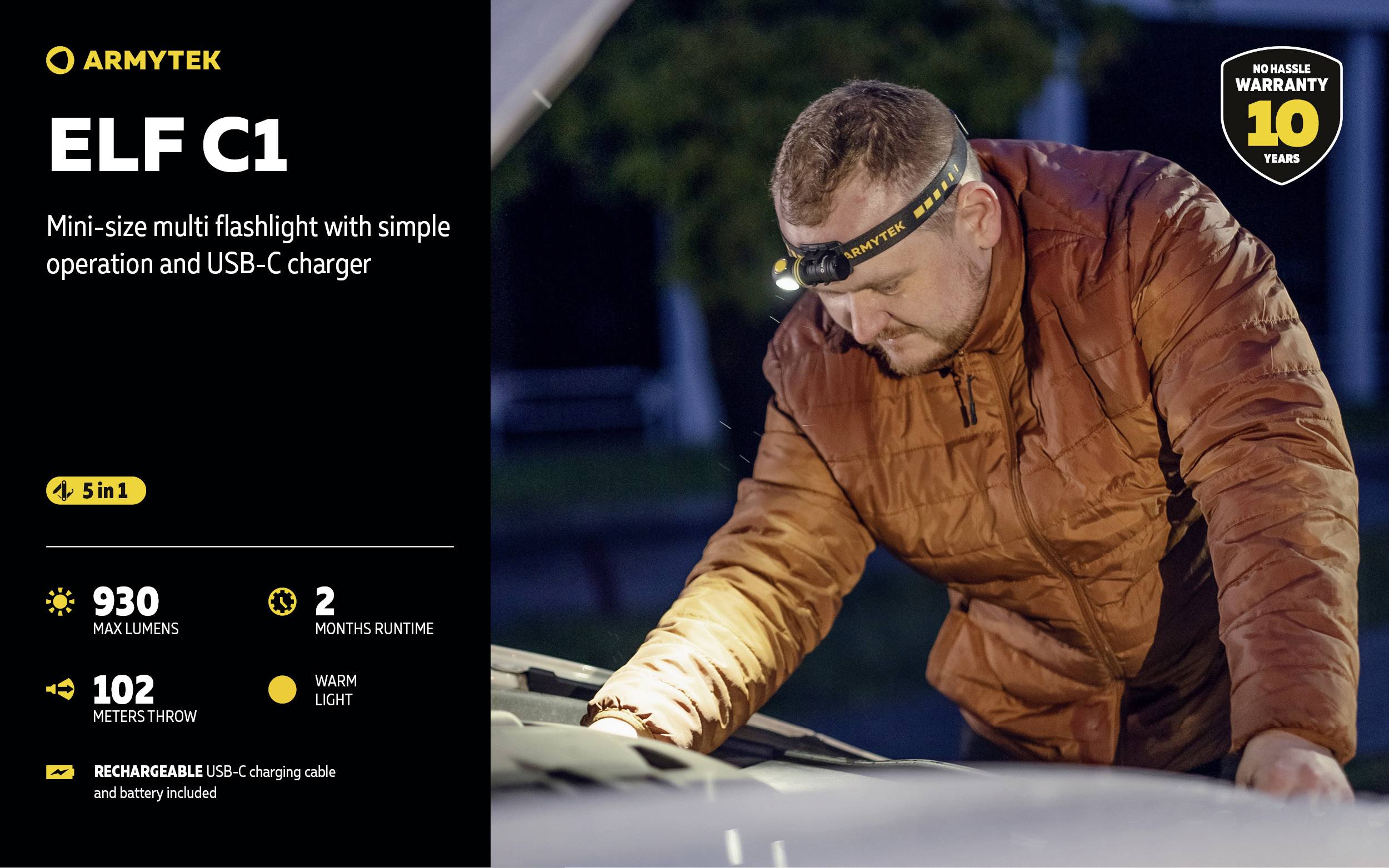 Mężczyzna naprawia samochód w nocy przy użyciu czołówki. Ulotka informuje: 'Armytek ELF C1,' 930 lumenów, zasięg 102 metry, czas pracy 20 godzin.