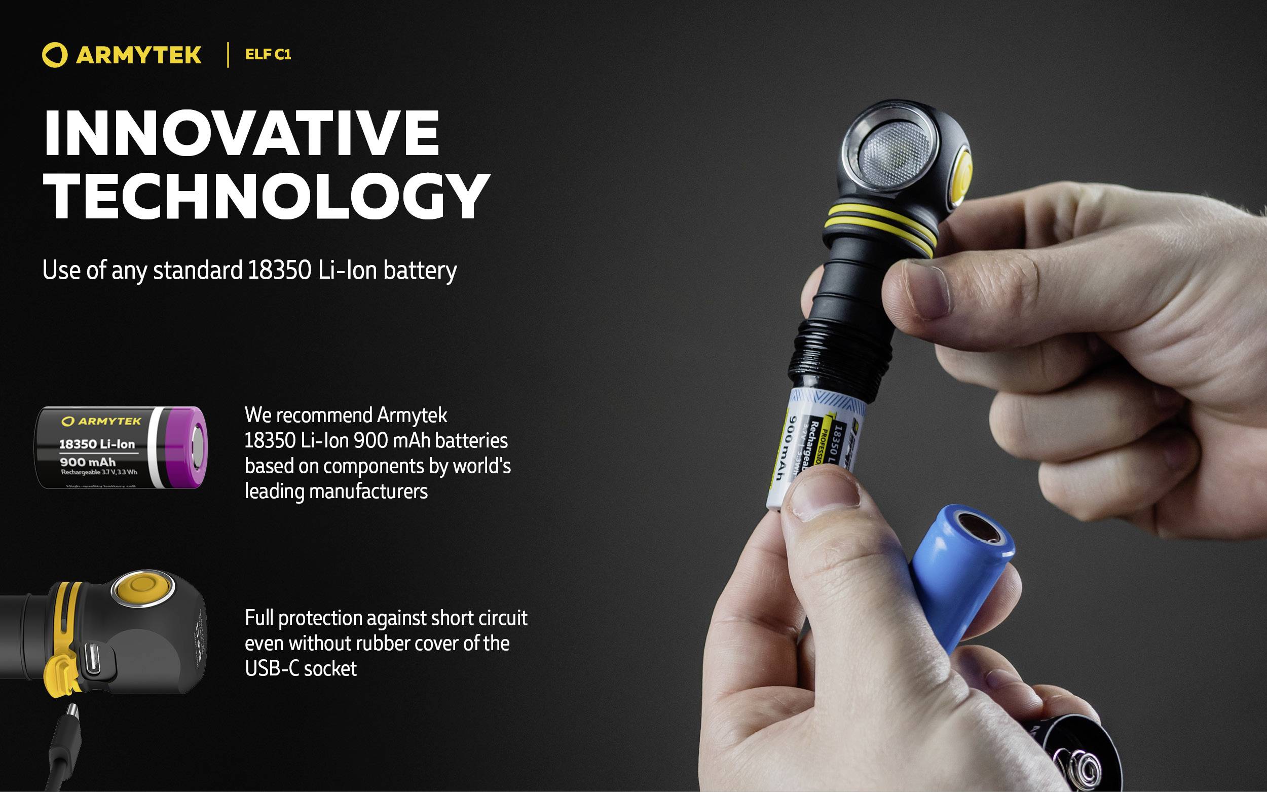 Innowacyjne technologie z baterią litowo-jonową 18350. Ochrona przed zwarciem bez gumowej osłony złącza USB-C.