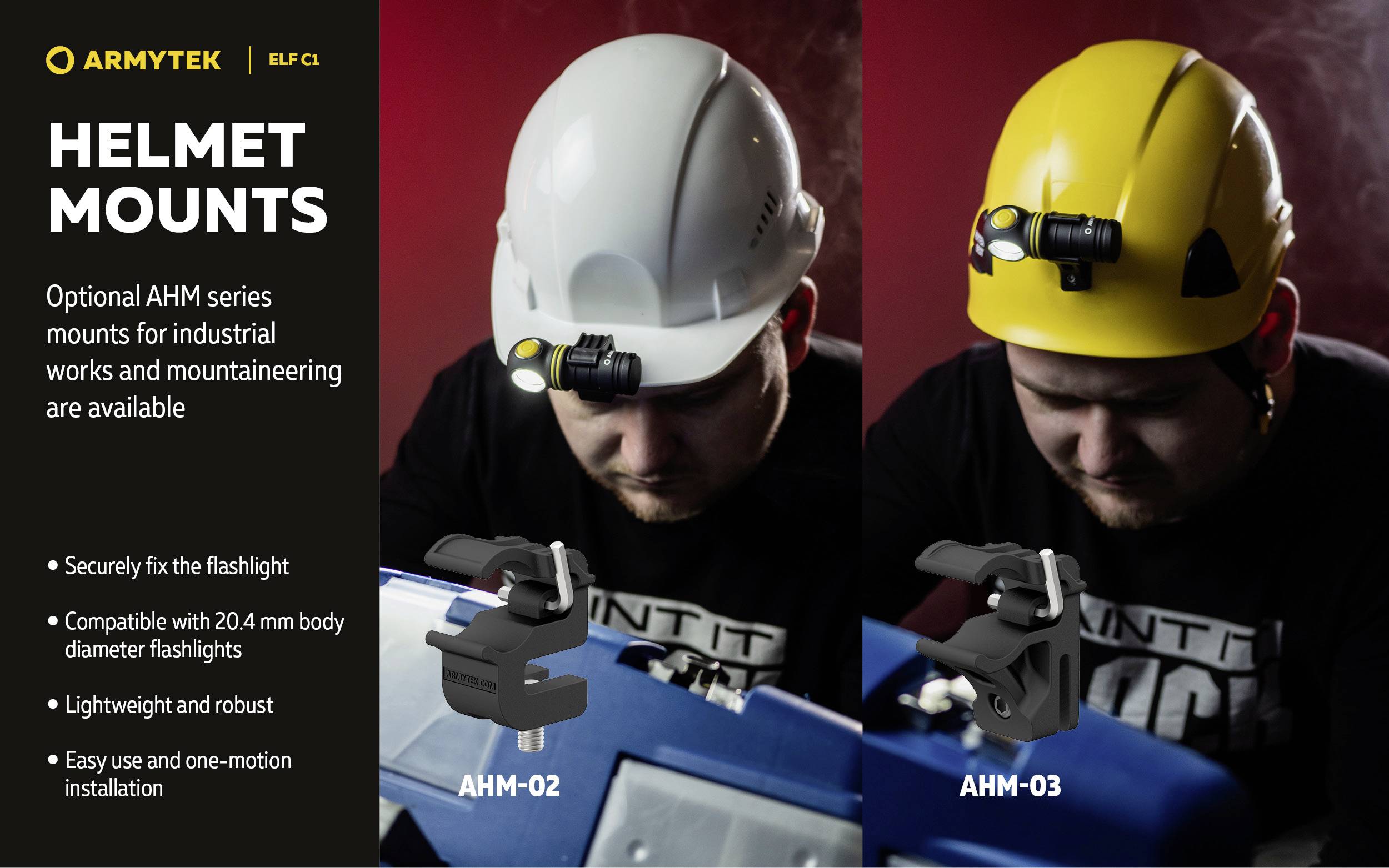 „MOCOWANIA DO HEŁMU": Dwie lampy montowane na hełmie do prac przemysłowych. Kompatybilne z latarkami o średnicy 20,4 mm, łatwe w instalacji.