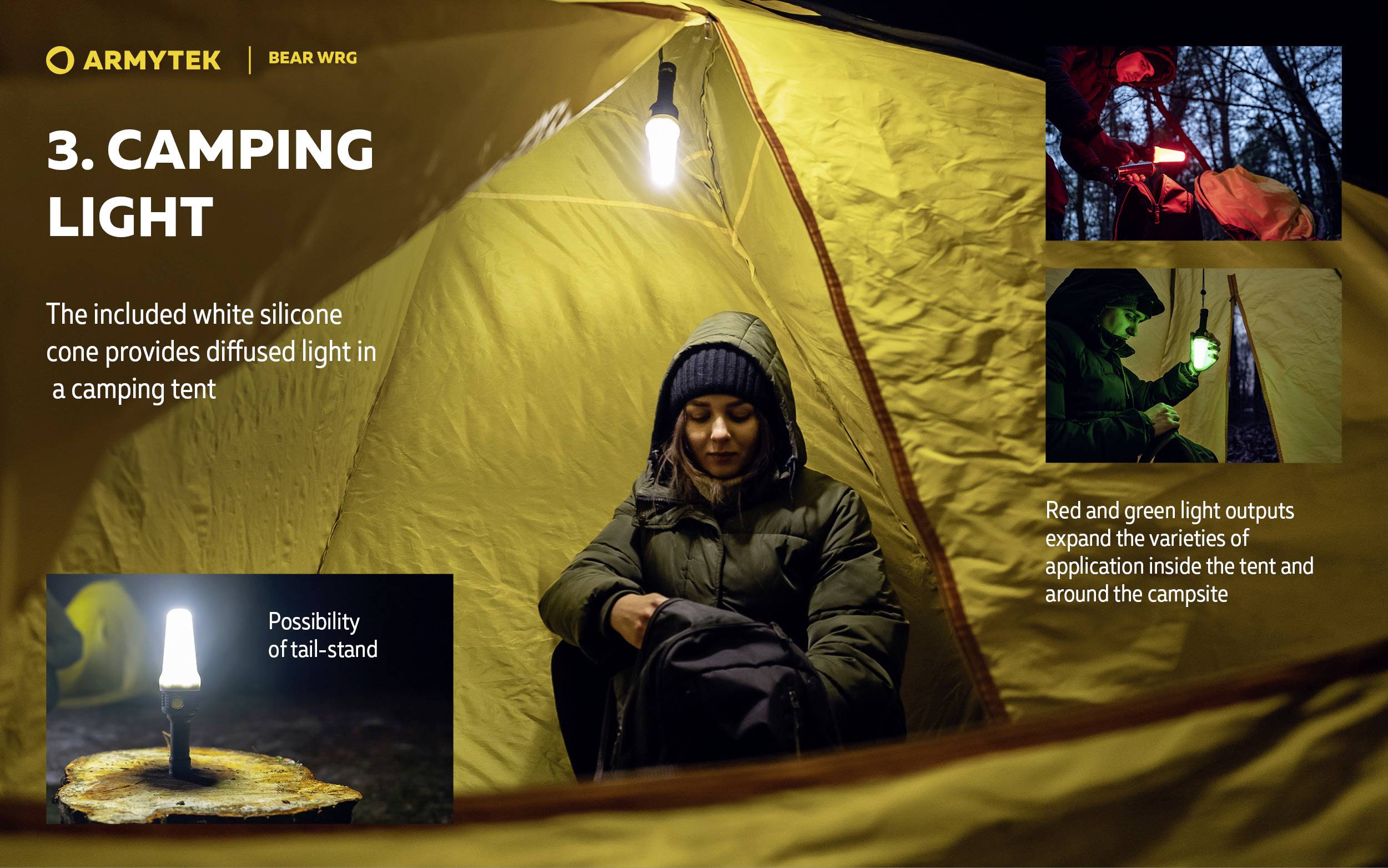 Kobieta siedzi w oświetlonym namiocie. Tekst opisuje funkcje lampy kempingowej z opcjami światła rozprosznego i trybami kolorów.