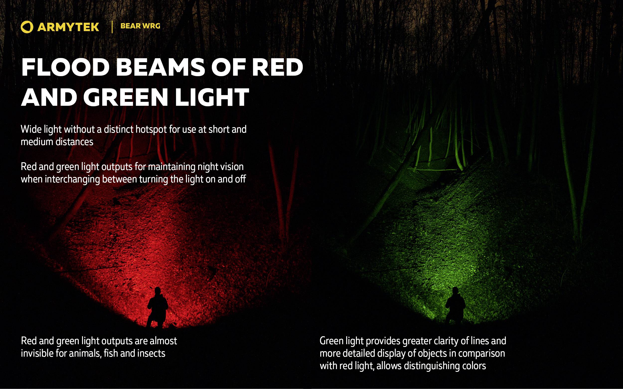 'Zalew czerwonych i zielonych wiązek świetlnych w lesie. Czerwone światło do widzenia nocnego, zielone do szczegółów. Głównie do obserwacji zwierząt.'