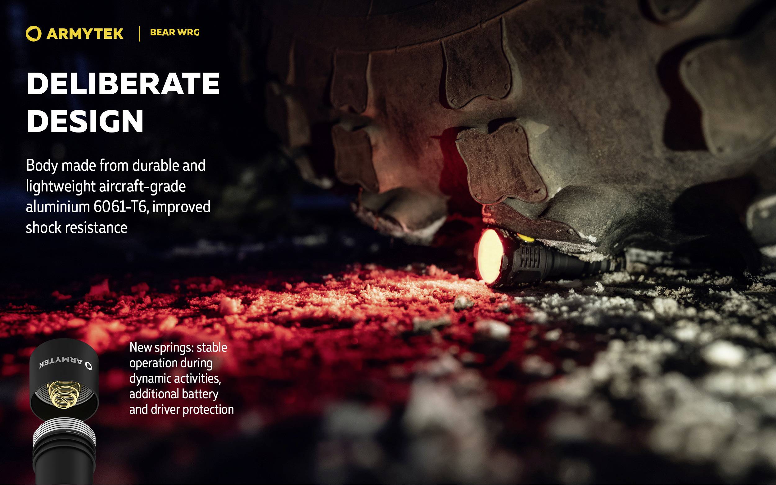 Obraz przedstawia latarkę świecącą pod oponą samochodu. Tekst wskazuje na solidną budowę i odporność na wstrząsy.