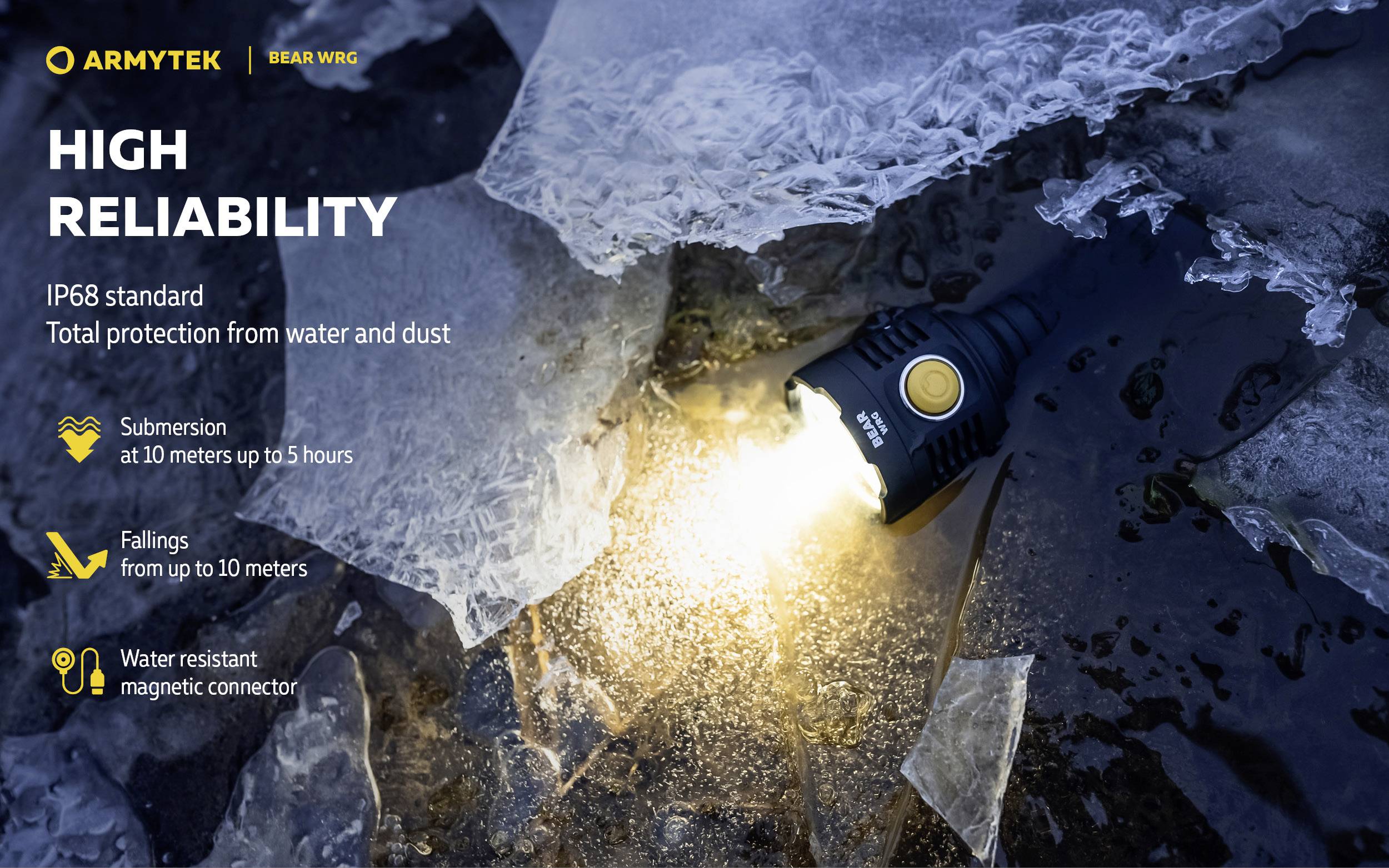 Latarka świeci jasno na oblodzonym podłożu. Tekst: 'Wysoka niezawodność', 'Standard IP68', 'Ochrona przed wodą i pyłem', 'Do 10 metrów głębokości'.