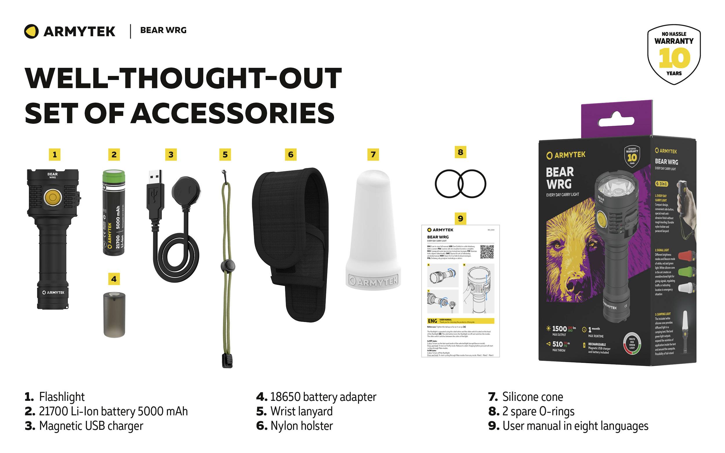 'ARMYTEK BEAR WRG: Zestaw składający się z latarki, akumulatora Li-Ion, ładowarki magnetycznej, adaptera akumulatora, kabury, stożka silikonowego, uszczelek, instrukcji.'