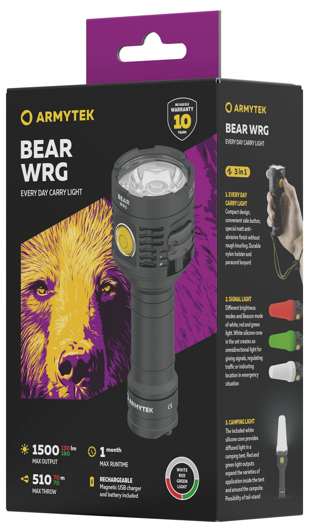Latarka 'ARMYTEK BEAR WRG', 1500 lumenów, do codziennego użytku, wielofunkcyjna: czołówka, światło rowerowe, lampa kempingowa.