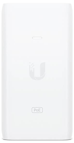 Biały adapter sieciowy z logo 'U', odpowiedni do zastosowań Power-over-Ethernet (PoE).