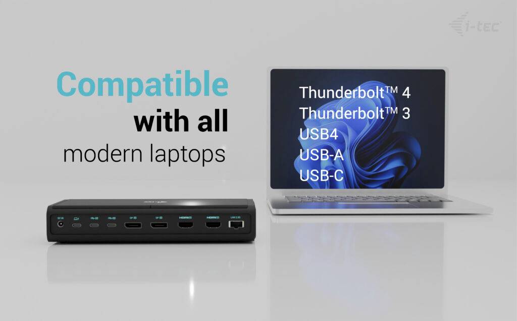 Ten obraz przedstawia laptopa obok stacji dokującej. Tekst na laptopie: 'Thunderbolt™ 3/4, USB-A, USB-C'. Tekst powyżej: 'Kompatybilny ze wszystkimi nowoczesnymi laptopami'.