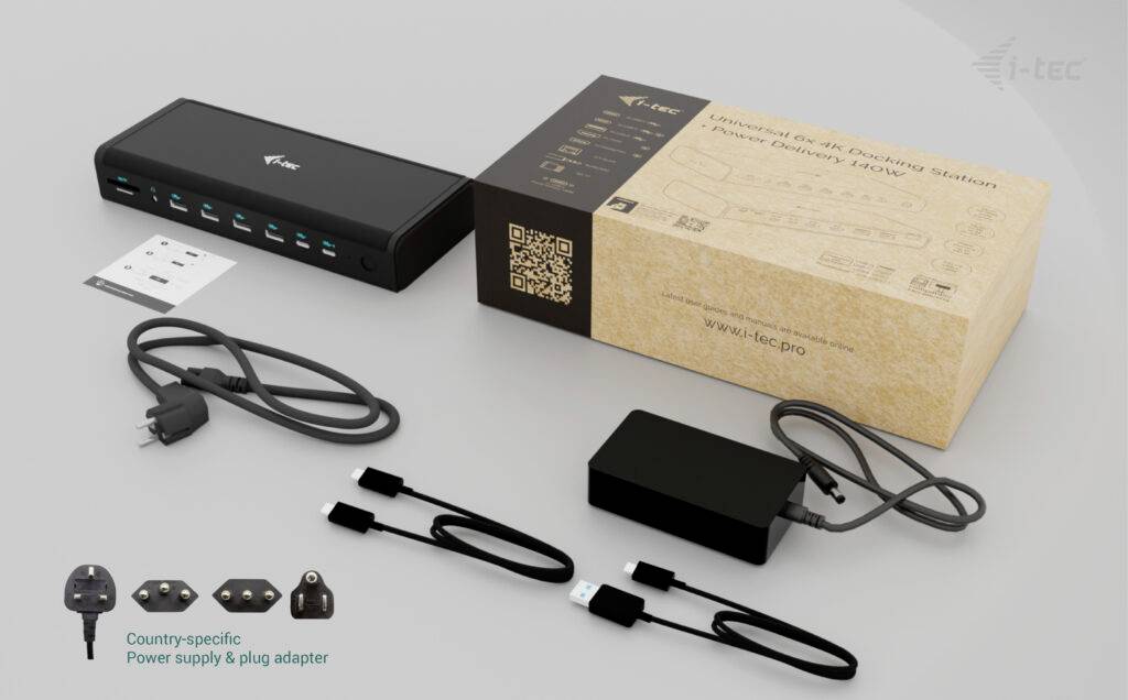 Stacja dokująca USB-C z opakowaniem, zasilaczem, kablami zasilającymi i instrukcją obsługi.