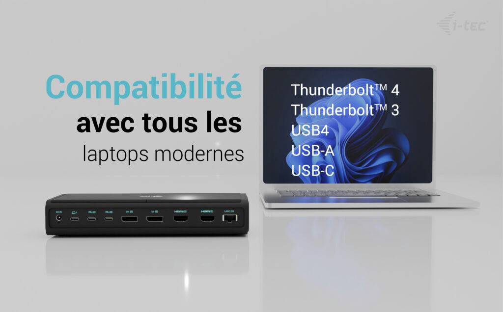 Laptop i stacja dokująca; Tekst po polsku: 'Kompatybilność ze wszystkimi nowoczesnymi laptopami'; Złącza: Thunderbolt™ 4, Thunderbolt™ 3, USB4, USB-A, USB-C.