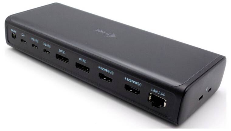 Czarna stacja dokująca z wieloma portami: trzema złączami USB-C, dwoma DisplayPort, dwoma HDMI oraz złączem Ethernet.