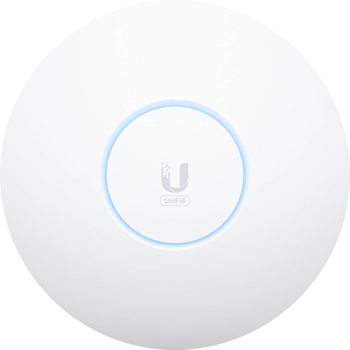 Biały, okrągły punkt dostępu Wi-Fi z niebieskim świecącym pierścieniem pośrodku. Znak firmowy 'UniFi' z przodu.
