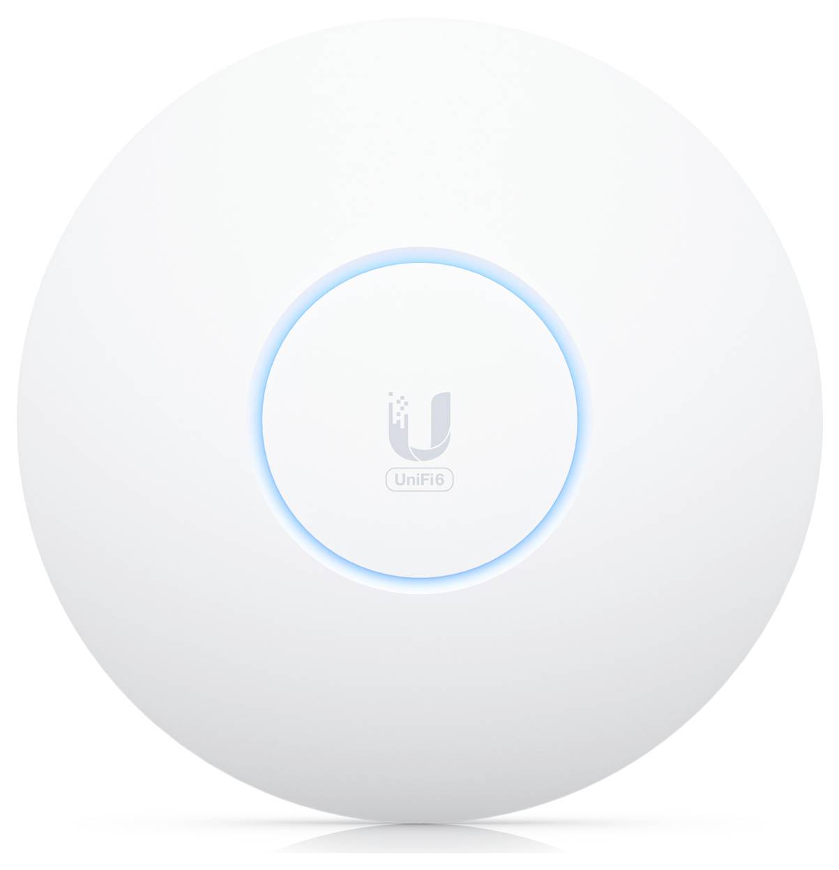 Punkt dostępowy WLAN w kształcie koła, świecący pierścień LED pośrodku, centralny symbol marki.