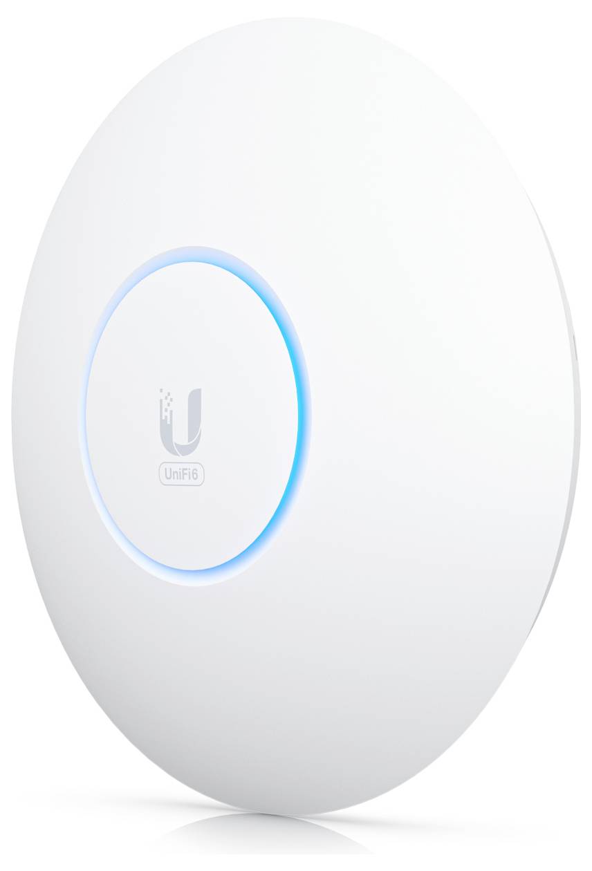 Okrągły, biały punkt dostępu WLAN z niebieskim pierścieniem świetlnym LED marki UniFi.