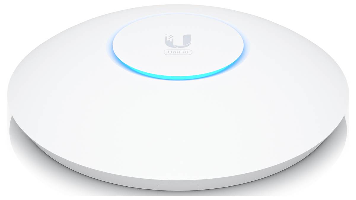 Nowoczesny, okrągły punkt dostępu Wi-Fi z niebieskim podświetleniem pośrodku, umieszczony na gładkiej białej powierzchni.