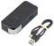 Czarny przenośny powerbank z gniazdem USB obok czarnego kabla USB.