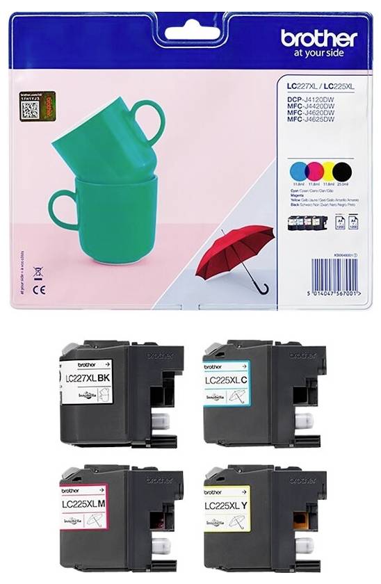 Zestaw wkładów atramentowych Brother LC227XL/LC225XL do drukarek serii DCP i MFC. Zawiera kolory: czarny, cyjan, magenta i żółty.