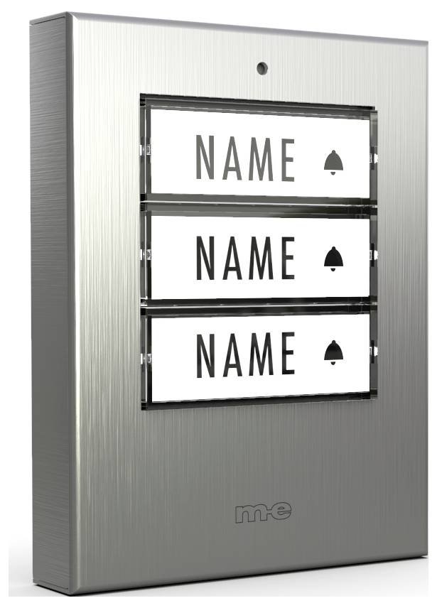 Trzy stalowe tabliczki dzwonkowe z napisem 'Nazwisko' i symbolem dzwonka obok. Powyżej tabliczek znajduje się otwór kamery.