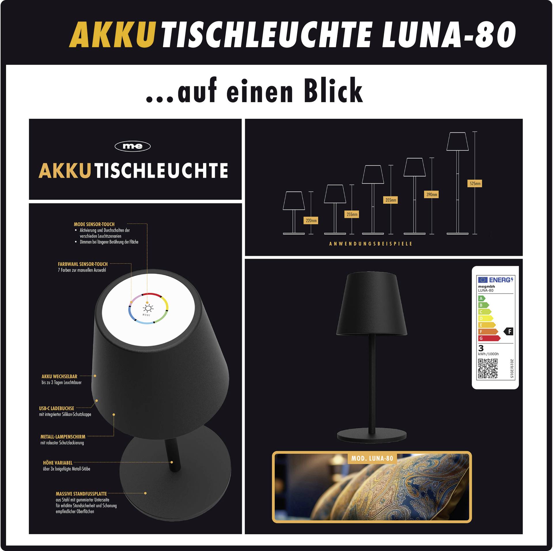 Akumulatorowa lampka stołowa m-e modern-electronics LUNA-80 S 41436 LED wbudowany na stałe 3 W czarny-3