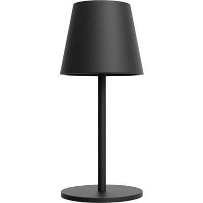 Czarna lampa stołowa o prostym, nowoczesnym designie. Stożkowaty klosz i okrągła podstawa.