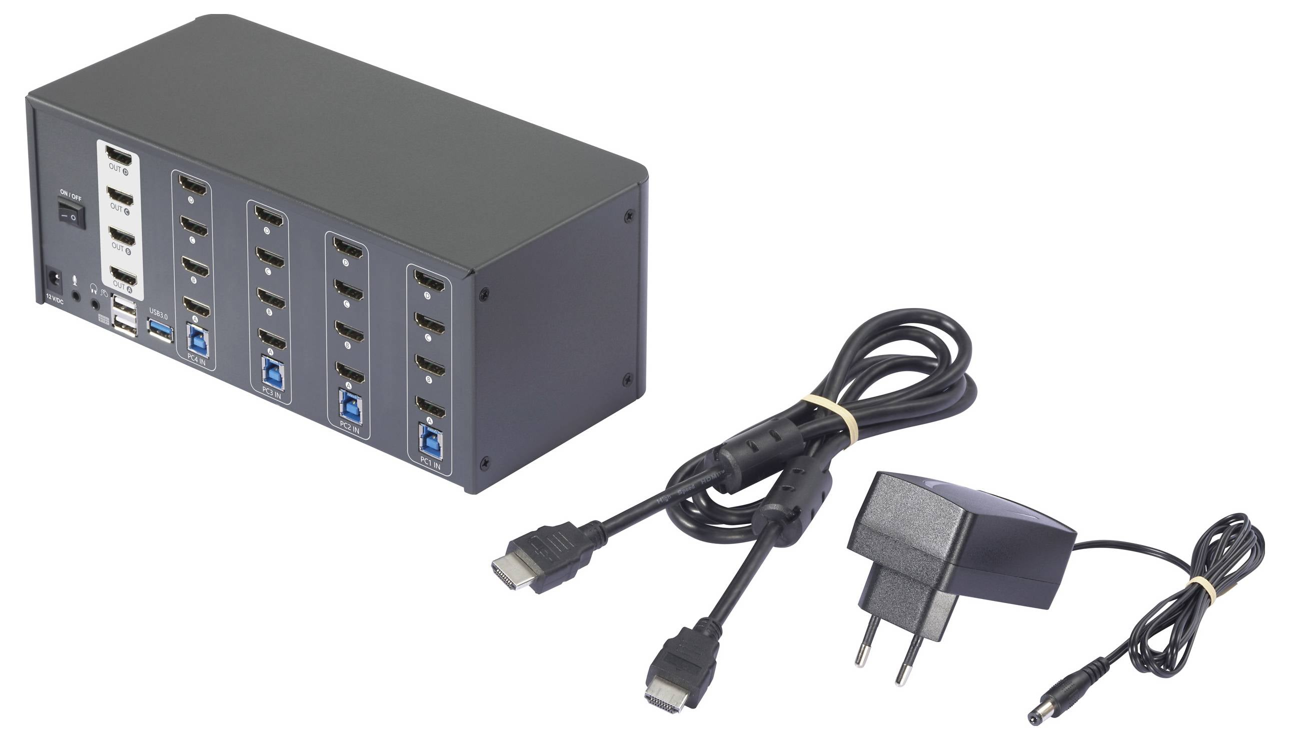 Ładowarka USB z ośmioma portami i dwoma dołączonymi kablami, w tym zasilaczem sieciowym.