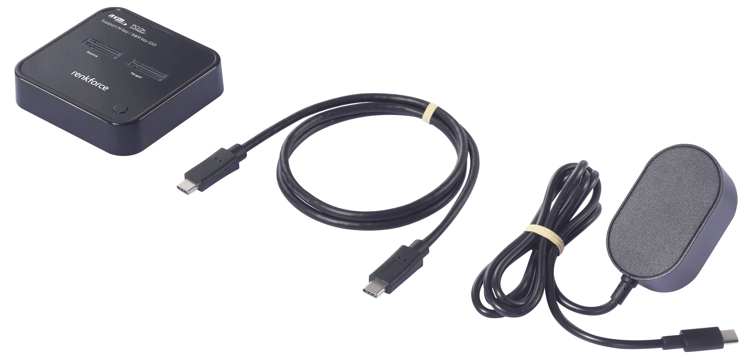 Zewnętrzny dysk twardy z dwoma kablami USB, jeden USB-C, drugi z okrągłą wtyczką. Odpowiedni do przechowywania danych i podłączenia.