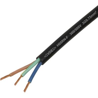 Trzy odsłonięte miedziane przewody wyłaniają się z czarnego izolowanego przewodu elektrycznego oznaczonego '300/500V, 3G0.75mm2'.