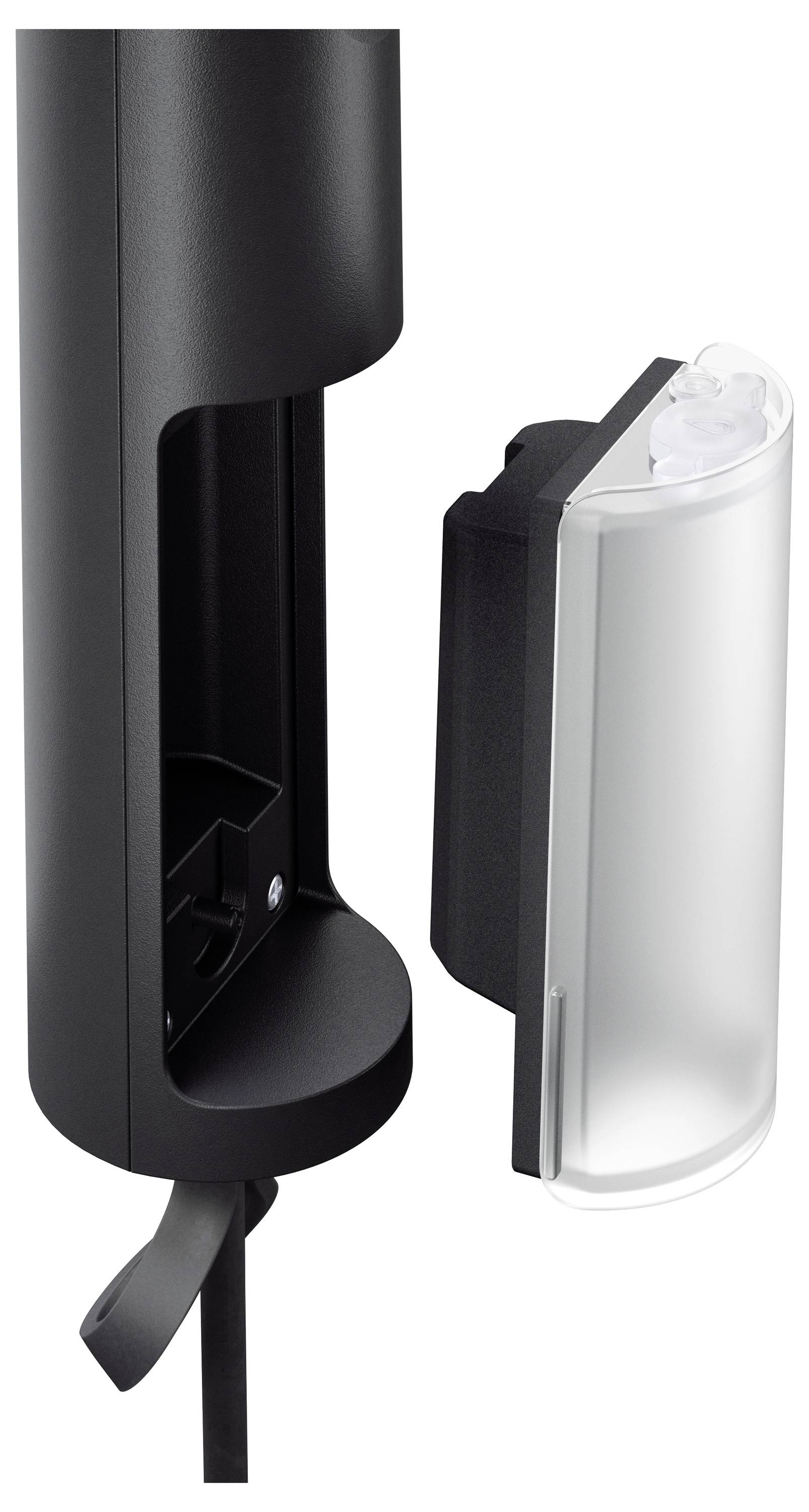 Dwa czarne, podłużne obiekty obok siebie. Lewy posiada kabel, prawy jest zdejmowany i przezroczysty na czubku.